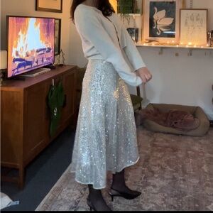 Silver Midi length Sequin Skirt